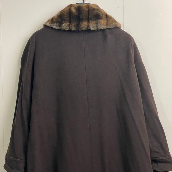 Vintage XL Made in Italy brown trench coat fur collar winter lambs wool classic - Picture 8 of 12